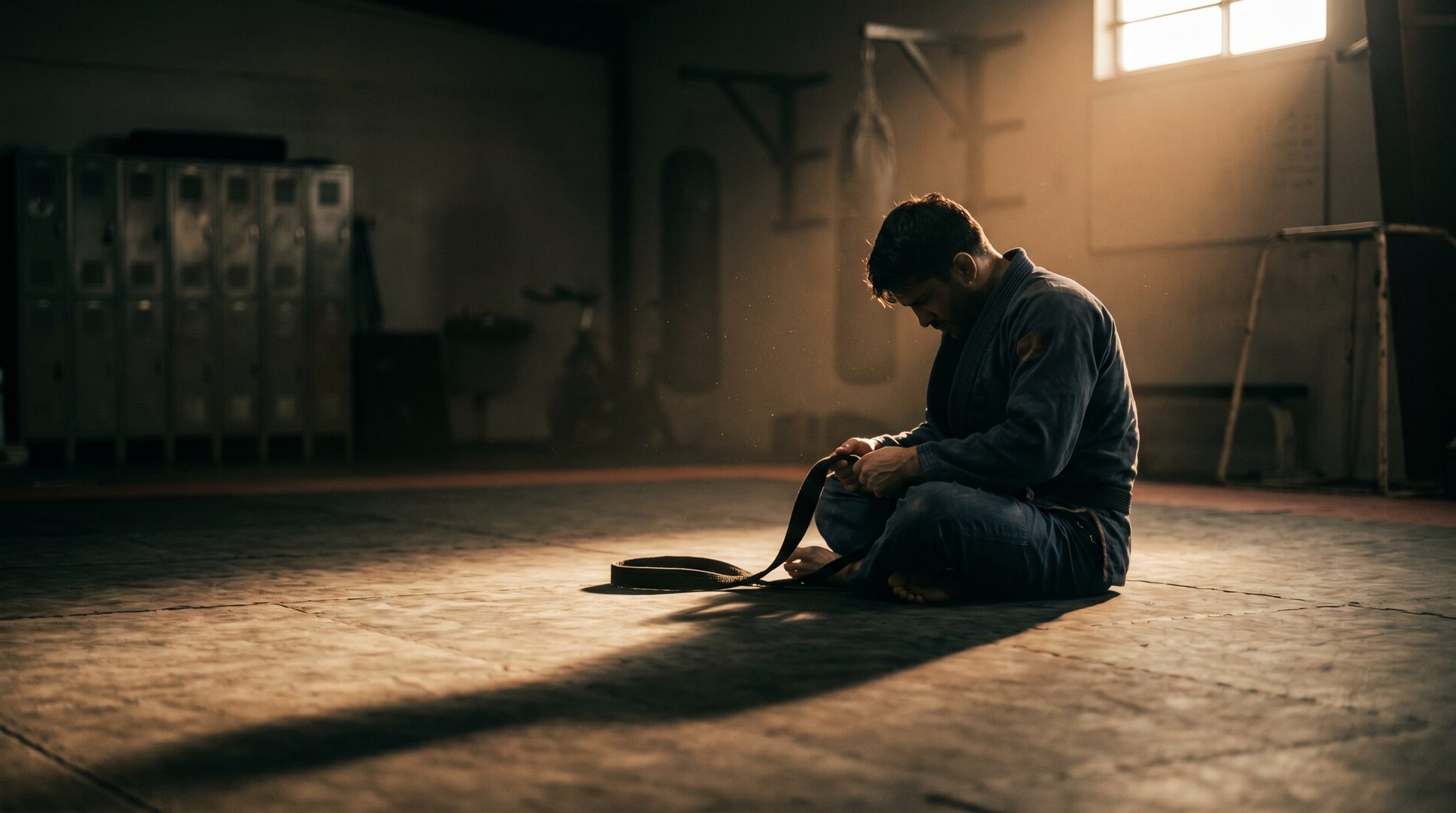 A practitioner kneeling on the mats, tying their belt before training