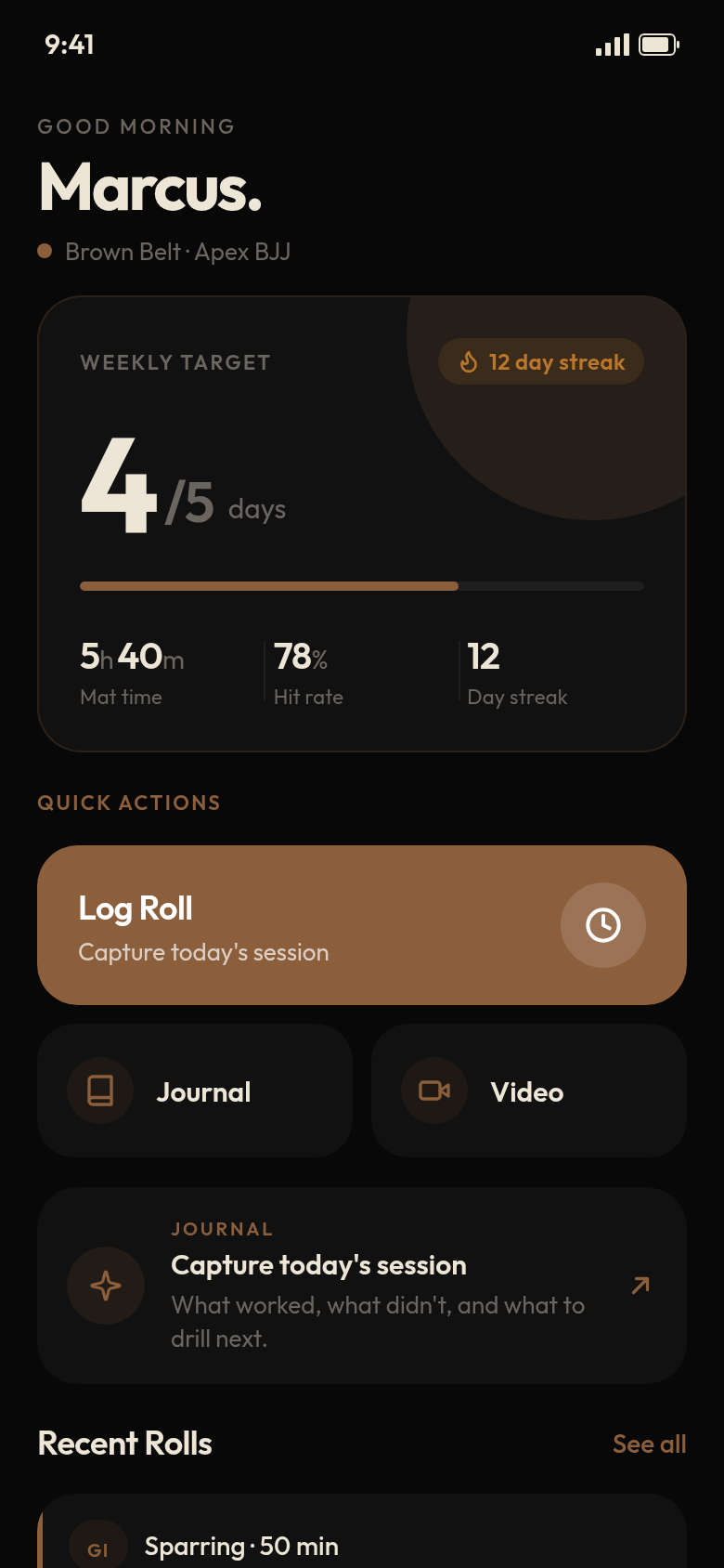 RollAI home dashboard showing a 12-day streak, weekly mat time, hit rate, and recent rolls